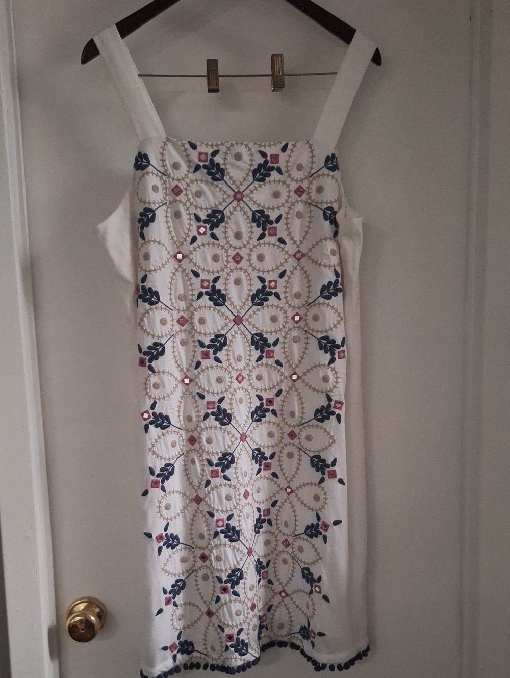 NWOT - J. Jill White Embroidered Midi Dress with Navy and Pink Accents
